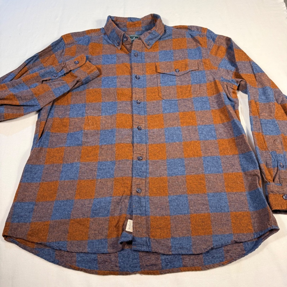 Woolrich Men's Plaid Flannel Button‎ Down Shirt XL Brown Blue Outdoor Hunt Hike